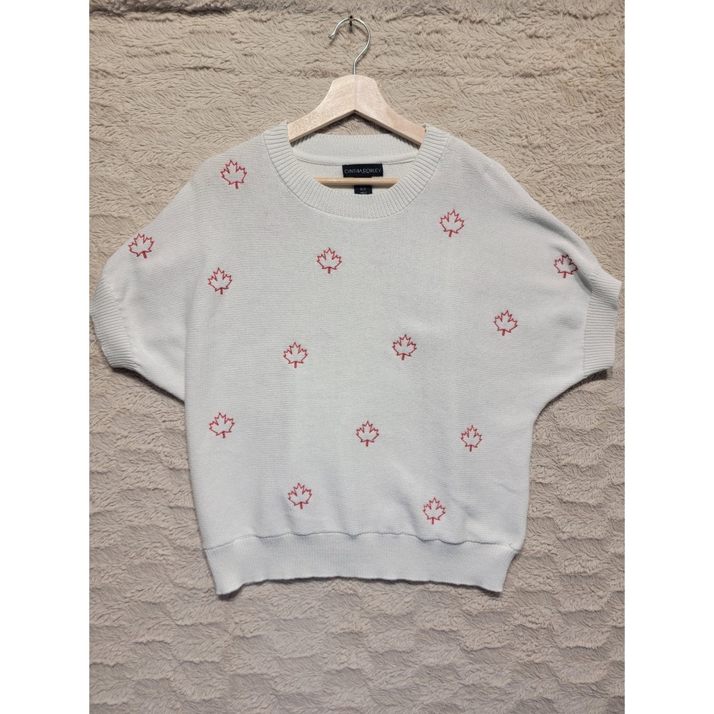 Cynthia Rowley Womens White Red Maple Leaf Embroidered Short Sleeve Sweater XL